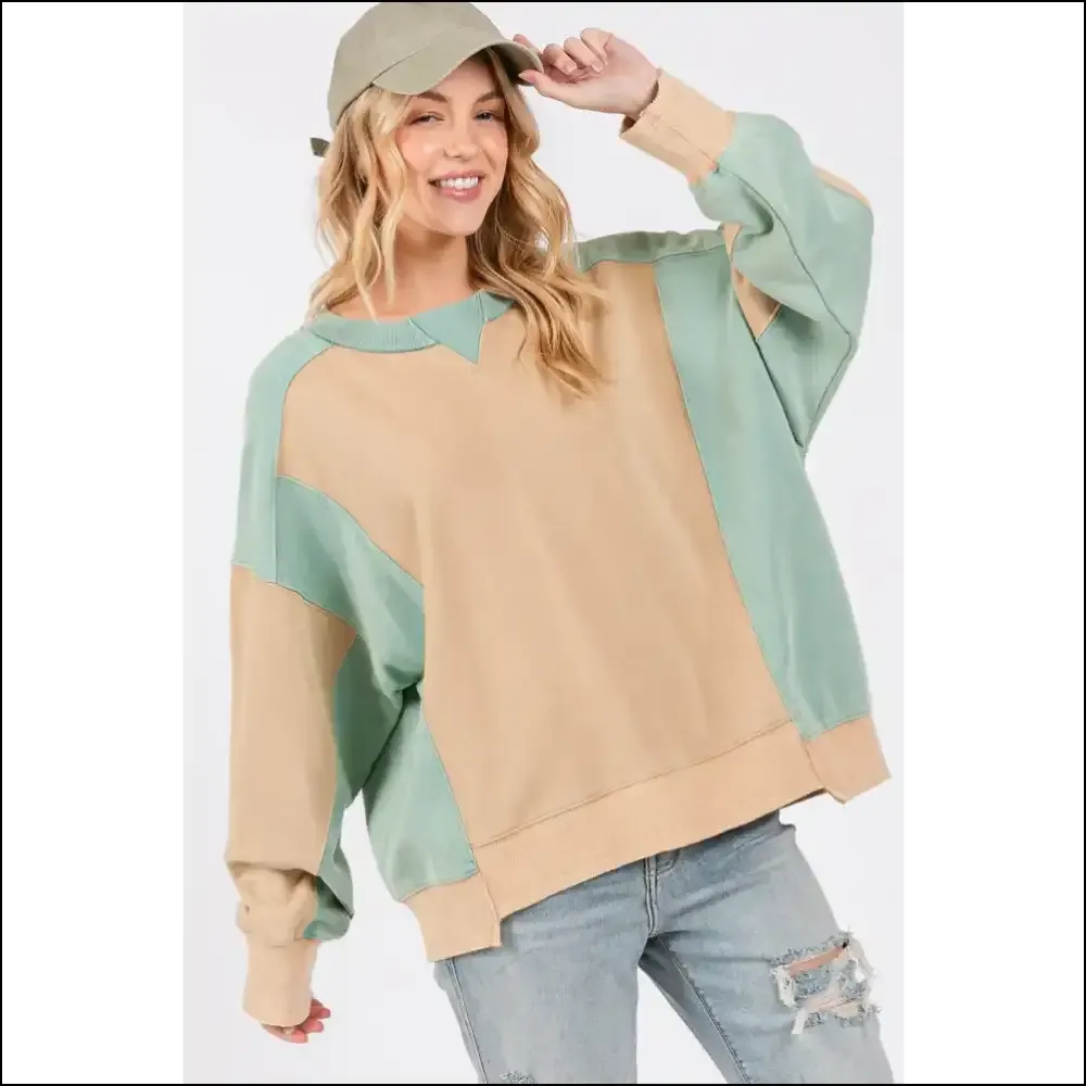 SAGE   FIG Color Block Round Neck Sweatshirt