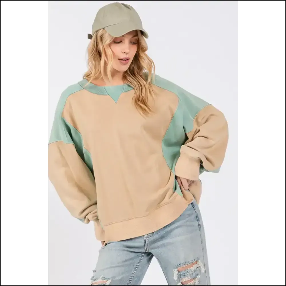 SAGE   FIG Color Block Round Neck Sweatshirt