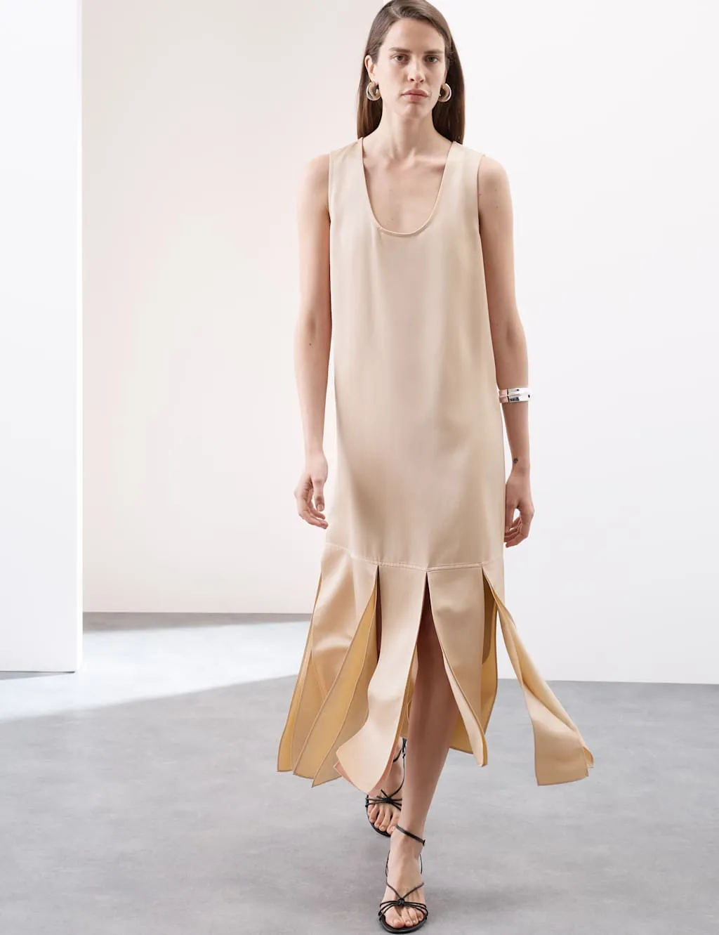 Satin Scoop Neck Tassel Midi Dress