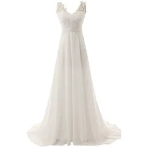 sd-hk Women White V Neck Sleeveless Floor-Length Wedding Dress