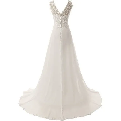sd-hk Women White V Neck Sleeveless Floor-Length Wedding Dress