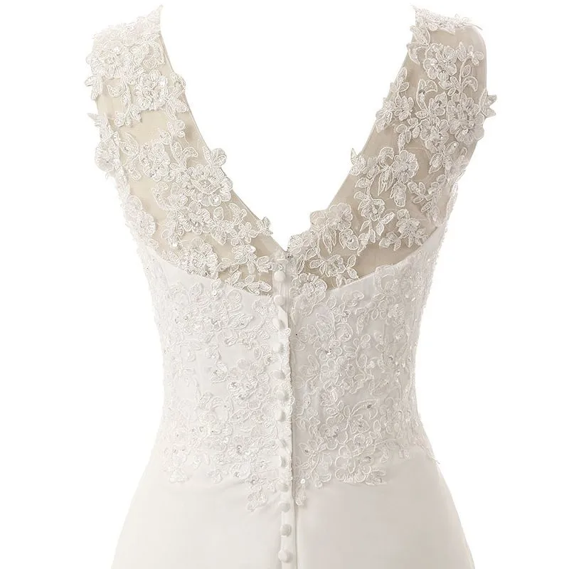 sd-hk Women White V Neck Sleeveless Floor-Length Wedding Dress