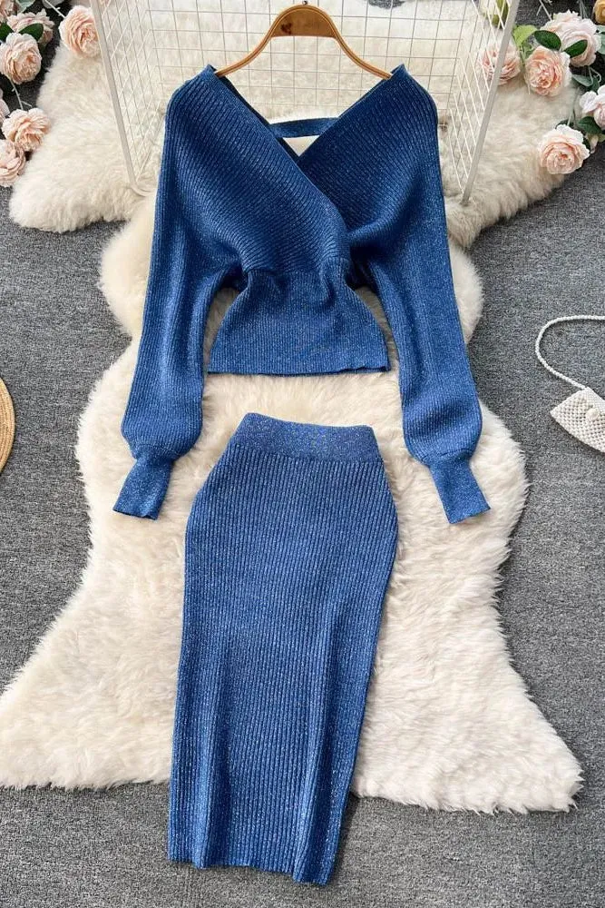 Set Elegant Batwing Sleeve Knitted Sweater Tops   Skinny Slim High Waist Wrap Hips Skirts Set