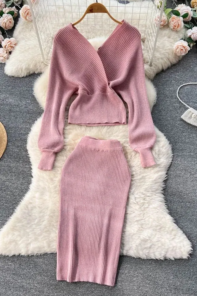 Set Elegant Batwing Sleeve Knitted Sweater Tops   Skinny Slim High Waist Wrap Hips Skirts Set