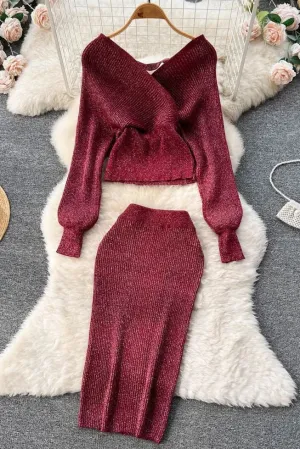 Set Elegant Batwing Sleeve Knitted Sweater Tops   Skinny Slim High Waist Wrap Hips Skirts Set