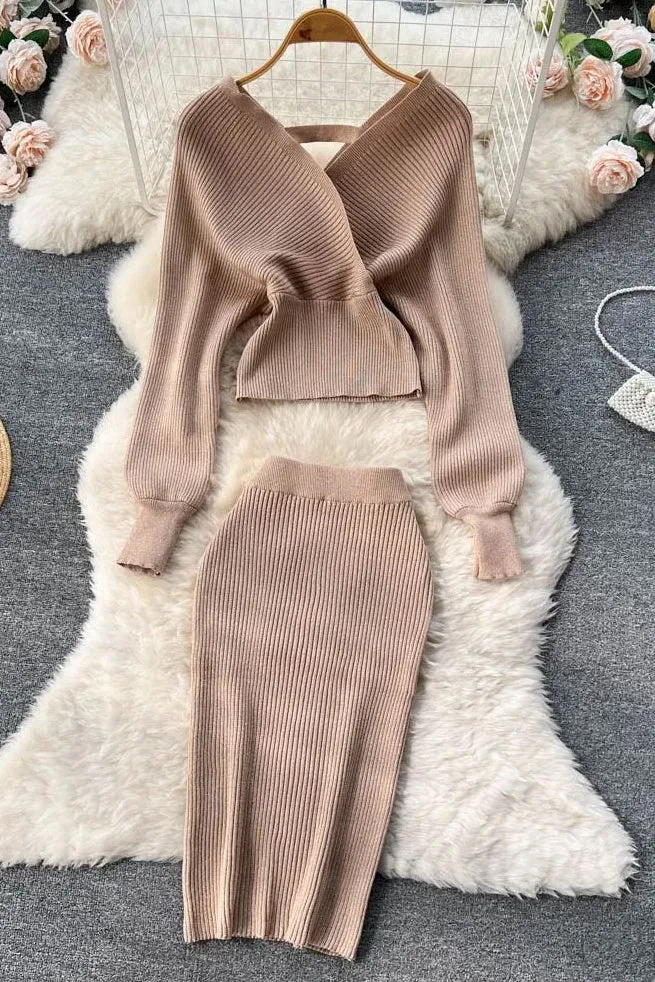Set Elegant Batwing Sleeve Knitted Sweater Tops   Skinny Slim High Waist Wrap Hips Skirts Set