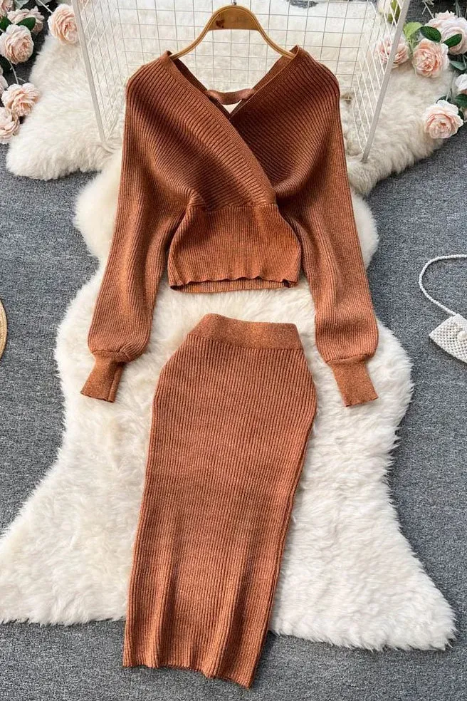 Set Elegant Batwing Sleeve Knitted Sweater Tops   Skinny Slim High Waist Wrap Hips Skirts Set