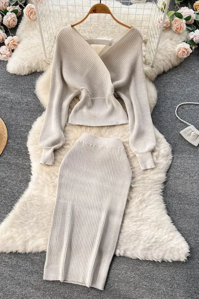 Set Elegant Batwing Sleeve Knitted Sweater Tops   Skinny Slim High Waist Wrap Hips Skirts Set