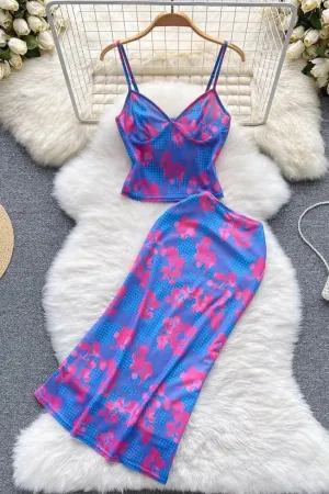 Set Print Beach Strap Camis Tops   Slim Wrap Hips Skirts Two Piece Suit