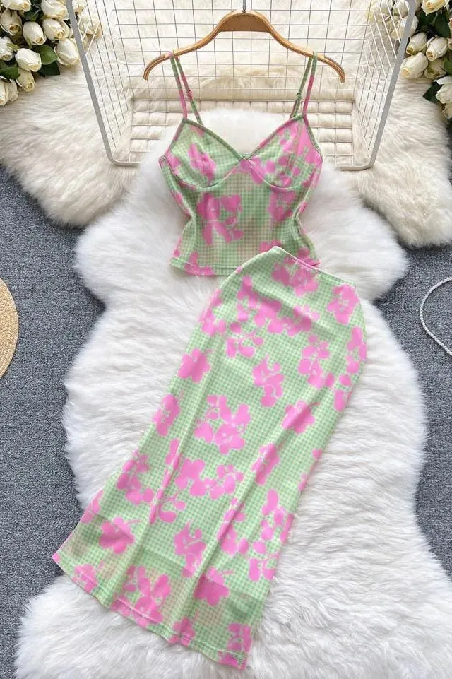 Set Print Beach Strap Camis Tops   Slim Wrap Hips Skirts Two Piece Suit