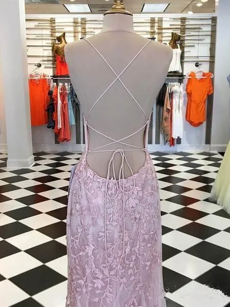 Sexy Backless Lace Mermaid Lilac Long Evening Prom Dresses, Cheap Custom Sweet 16 Dresses, PDS0088