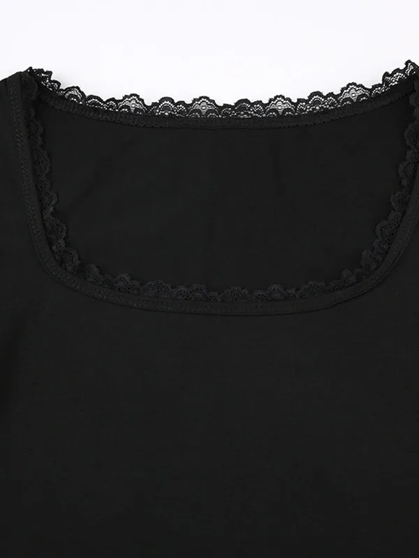 Short sleeve crop top with square neckline and lace inserts 