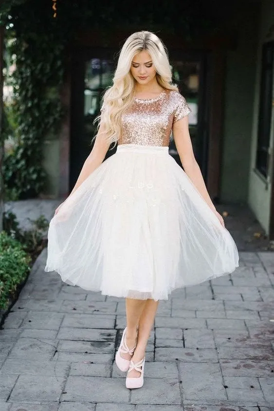 Short-sleeves Rose Gold Sequin Homecoming Dress with Tulle Skirt