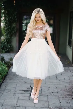 Short-sleeves Rose Gold Sequin Homecoming Dress with Tulle Skirt