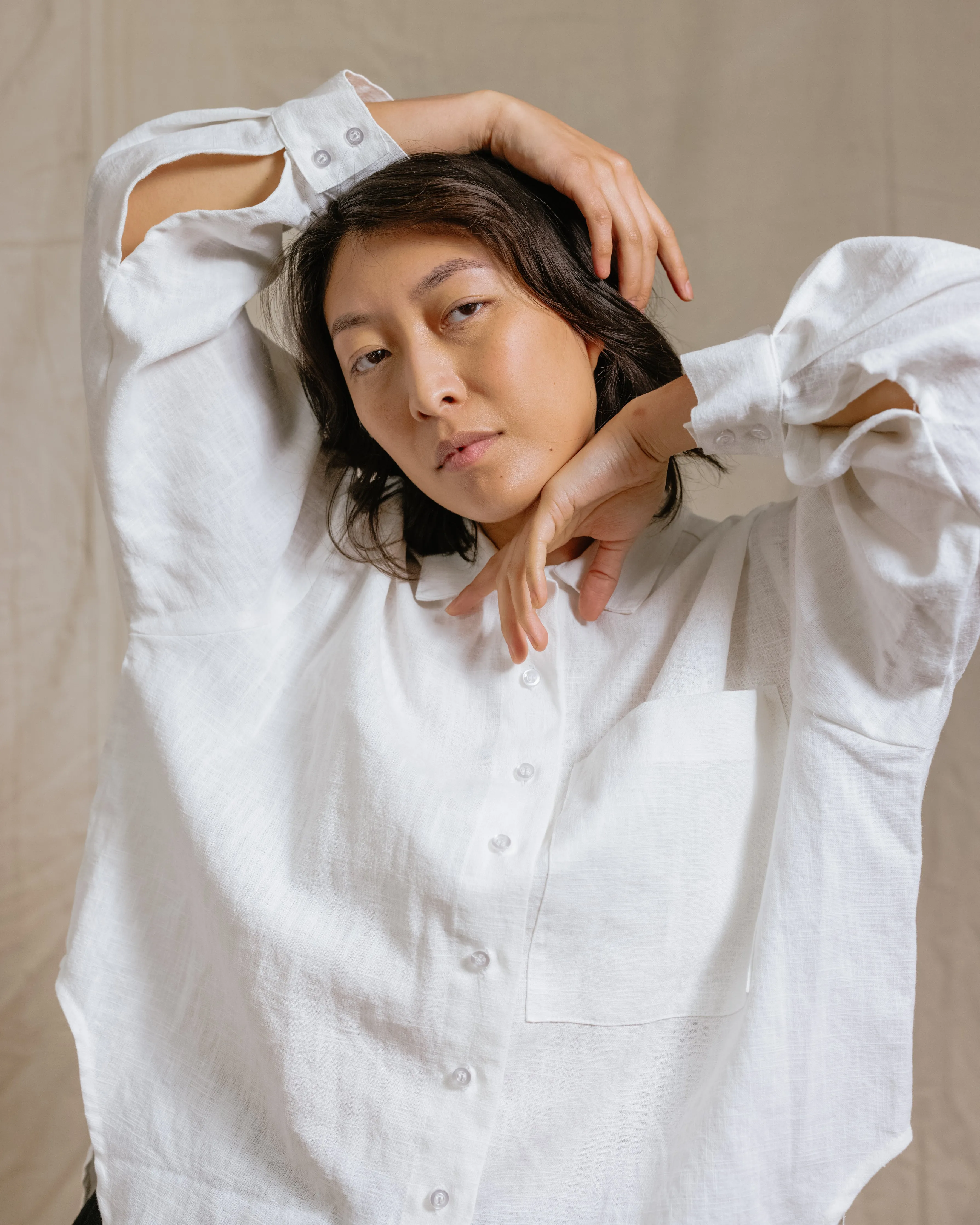 Soft Volume Long Sleeve Top in White Linen (RTS)
