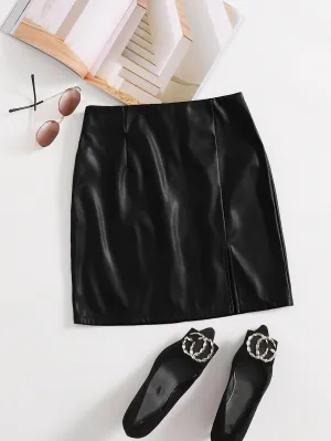 Split Hem PU Leather Skirt