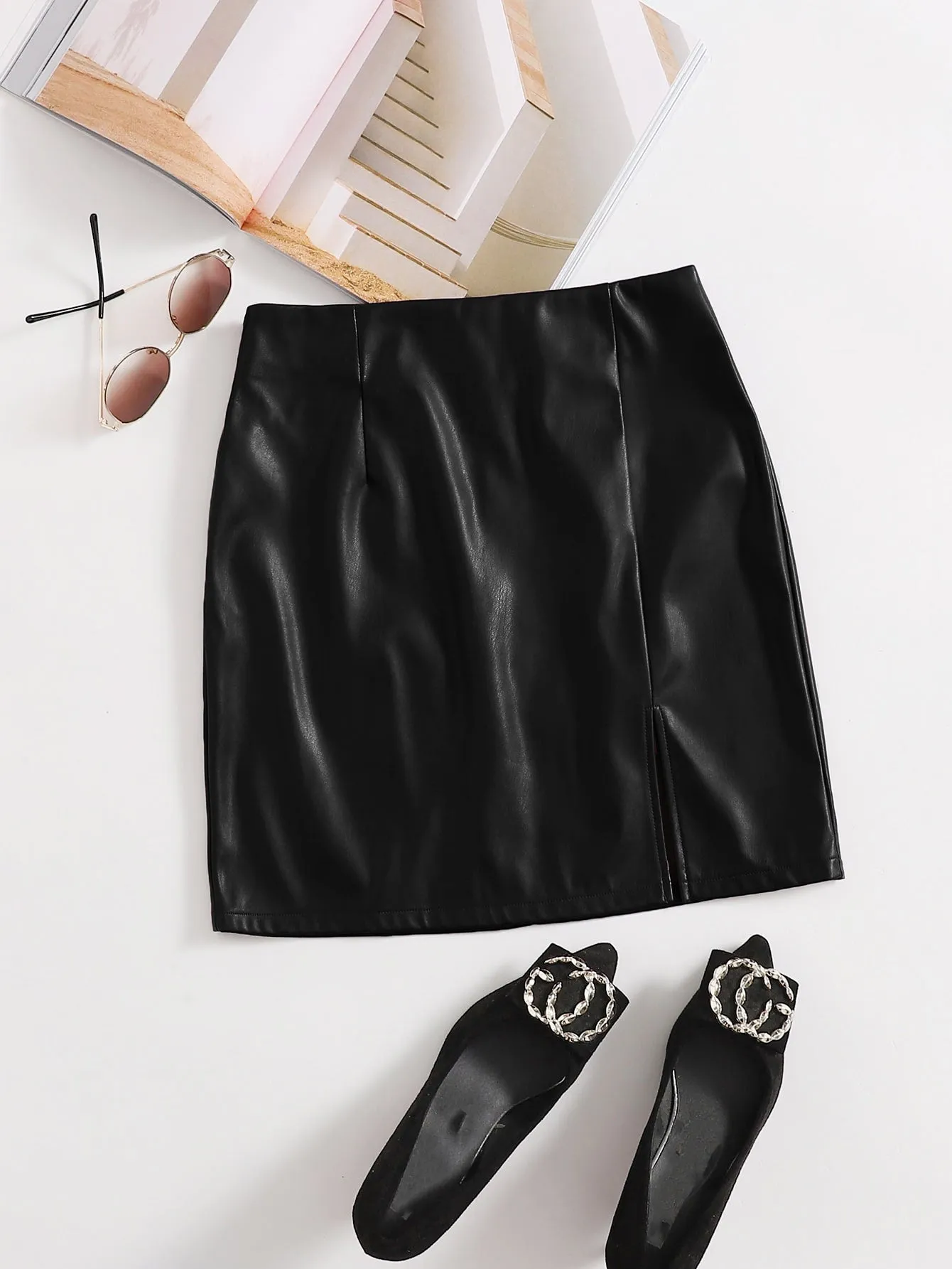 Split Hem PU Leather Skirt