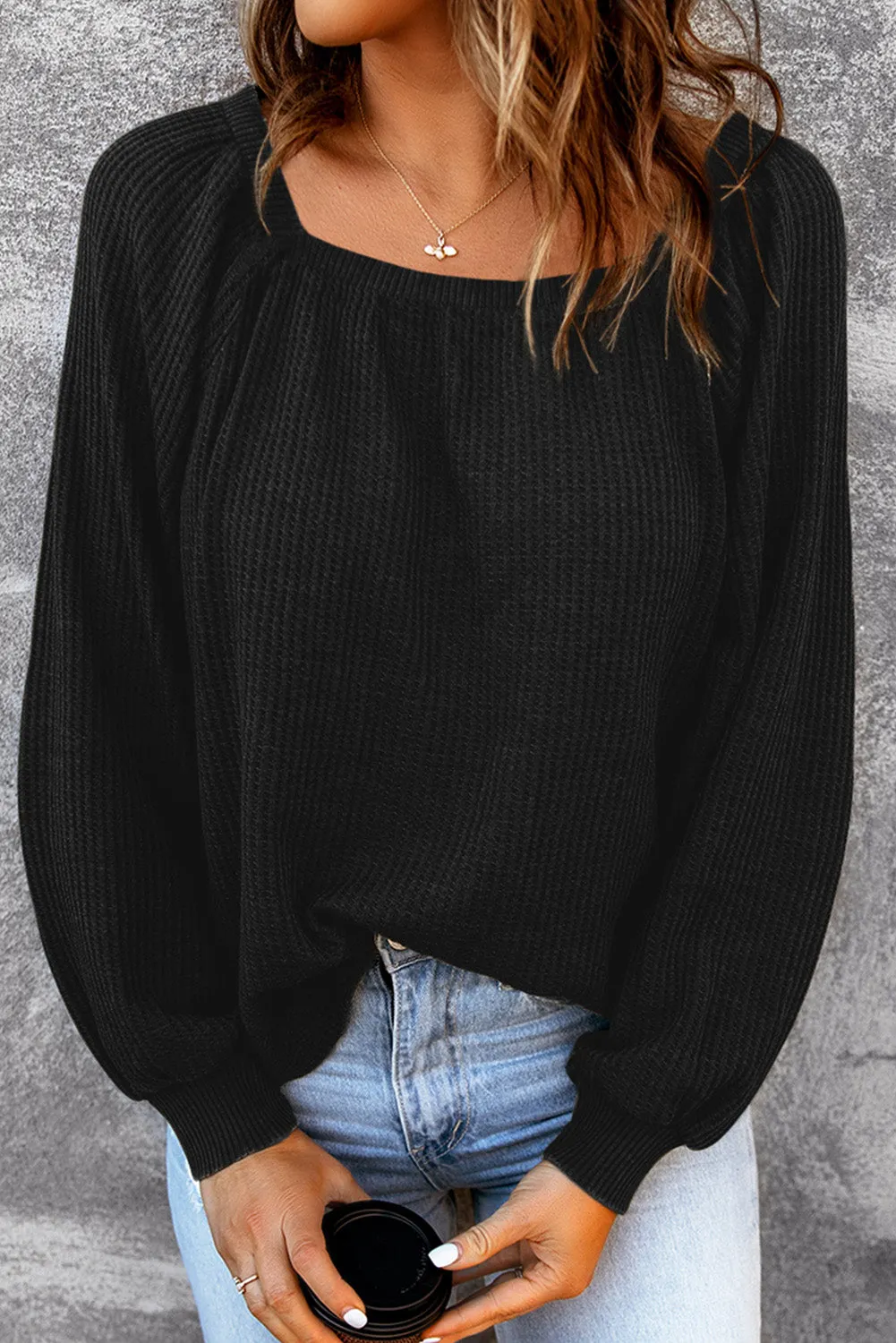 Square Neck Puff Sleeve Waffle Knit Top