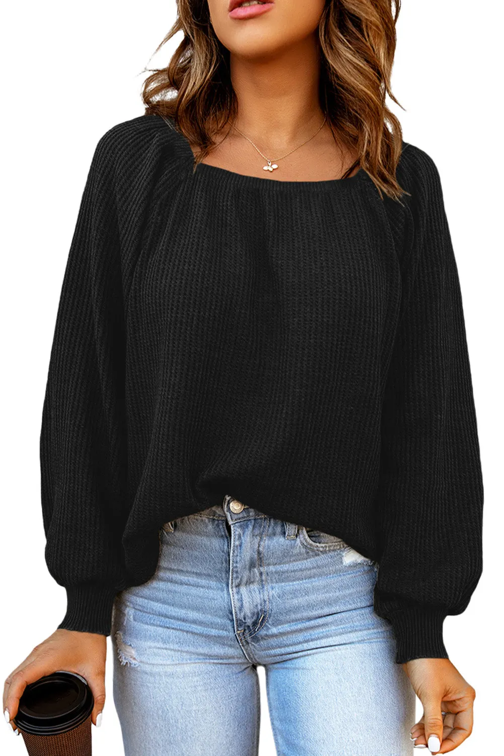 Square Neck Puff Sleeve Waffle Knit Top