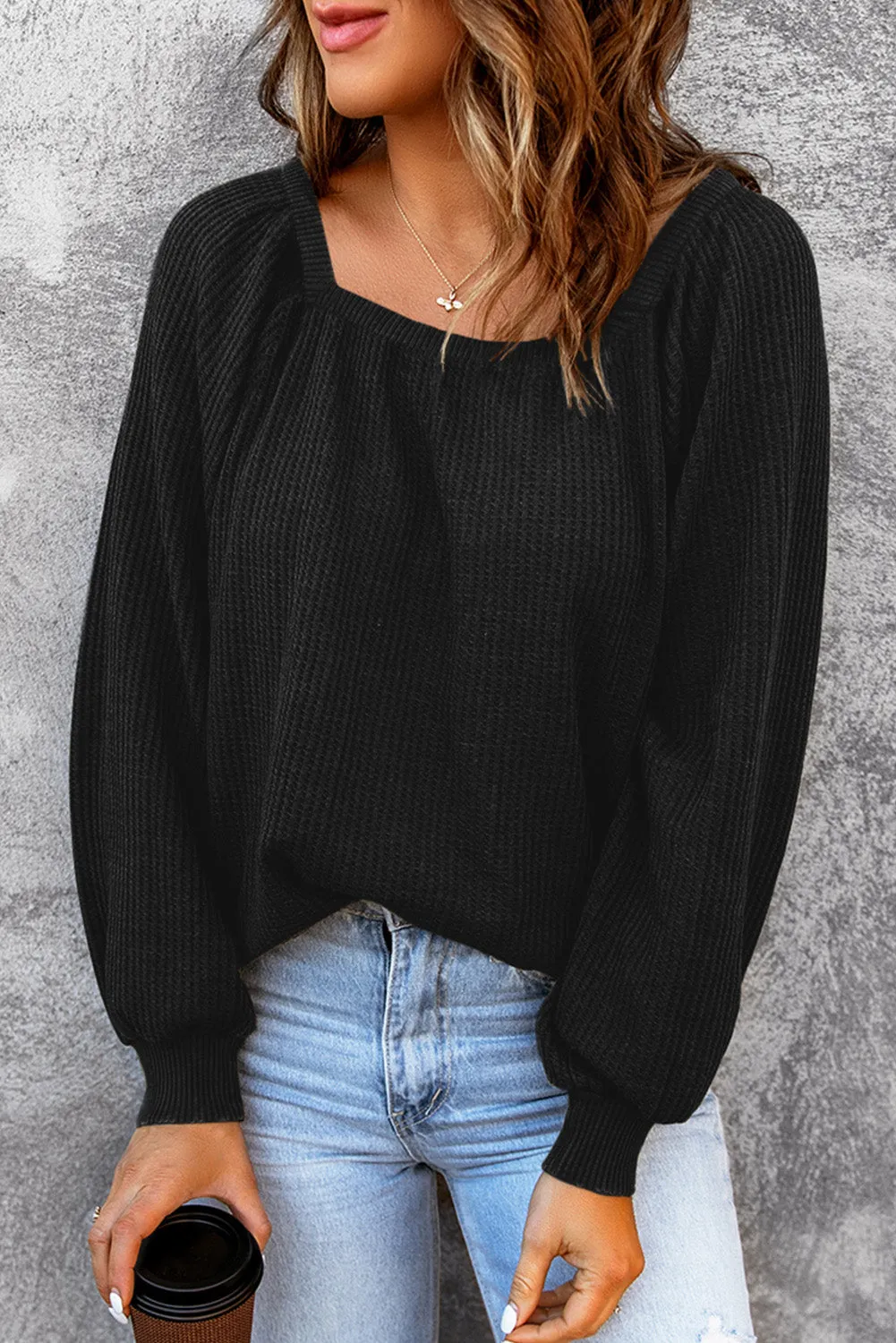 Square Neck Puff Sleeve Waffle Knit Top