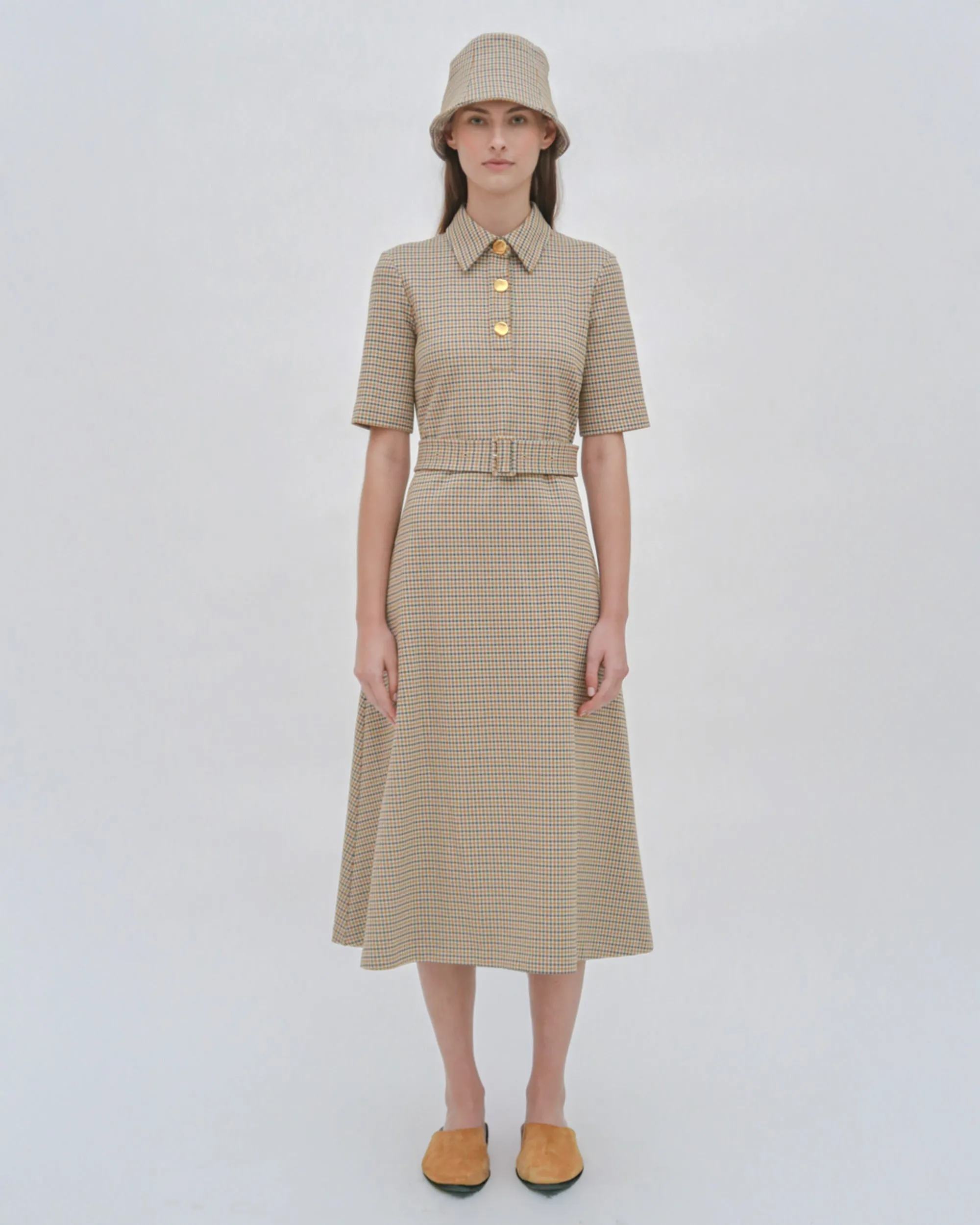 SS BELTED SHIRTDRESS - HOUNDSTOOTH PLAID