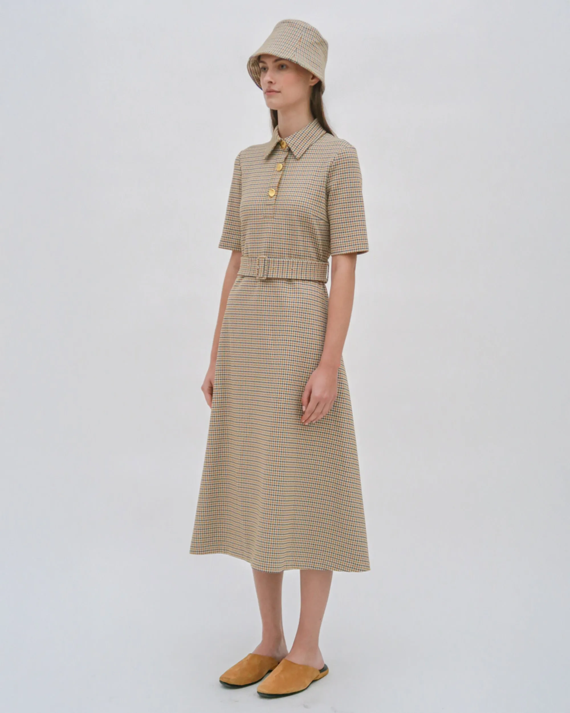 SS BELTED SHIRTDRESS - HOUNDSTOOTH PLAID