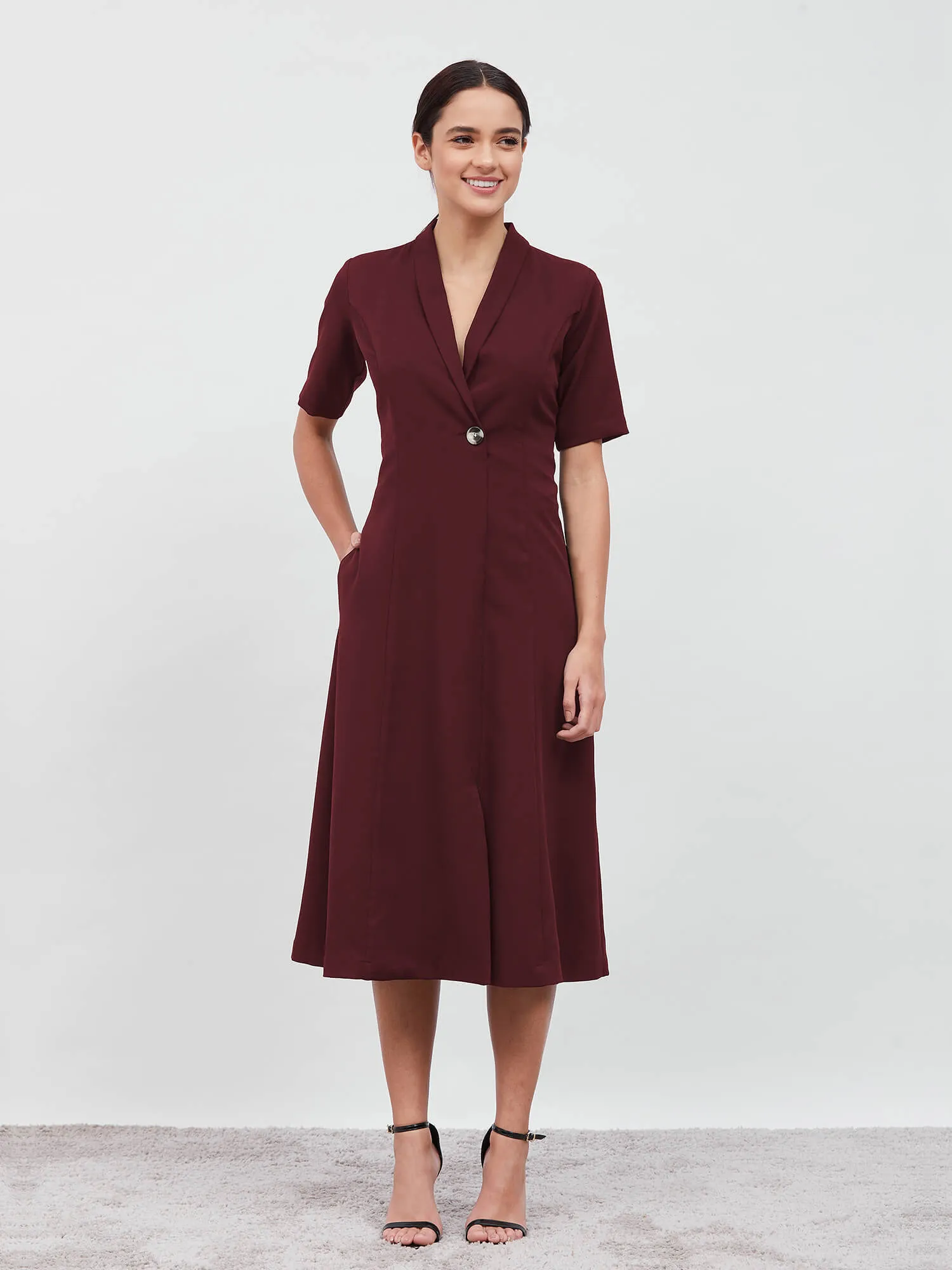Stalwart Shawl Collared Dress - Maroon