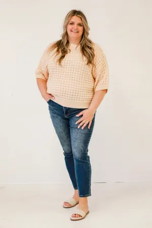 Summer Weave Short-Sleeve Crochet Sweater in Taupe