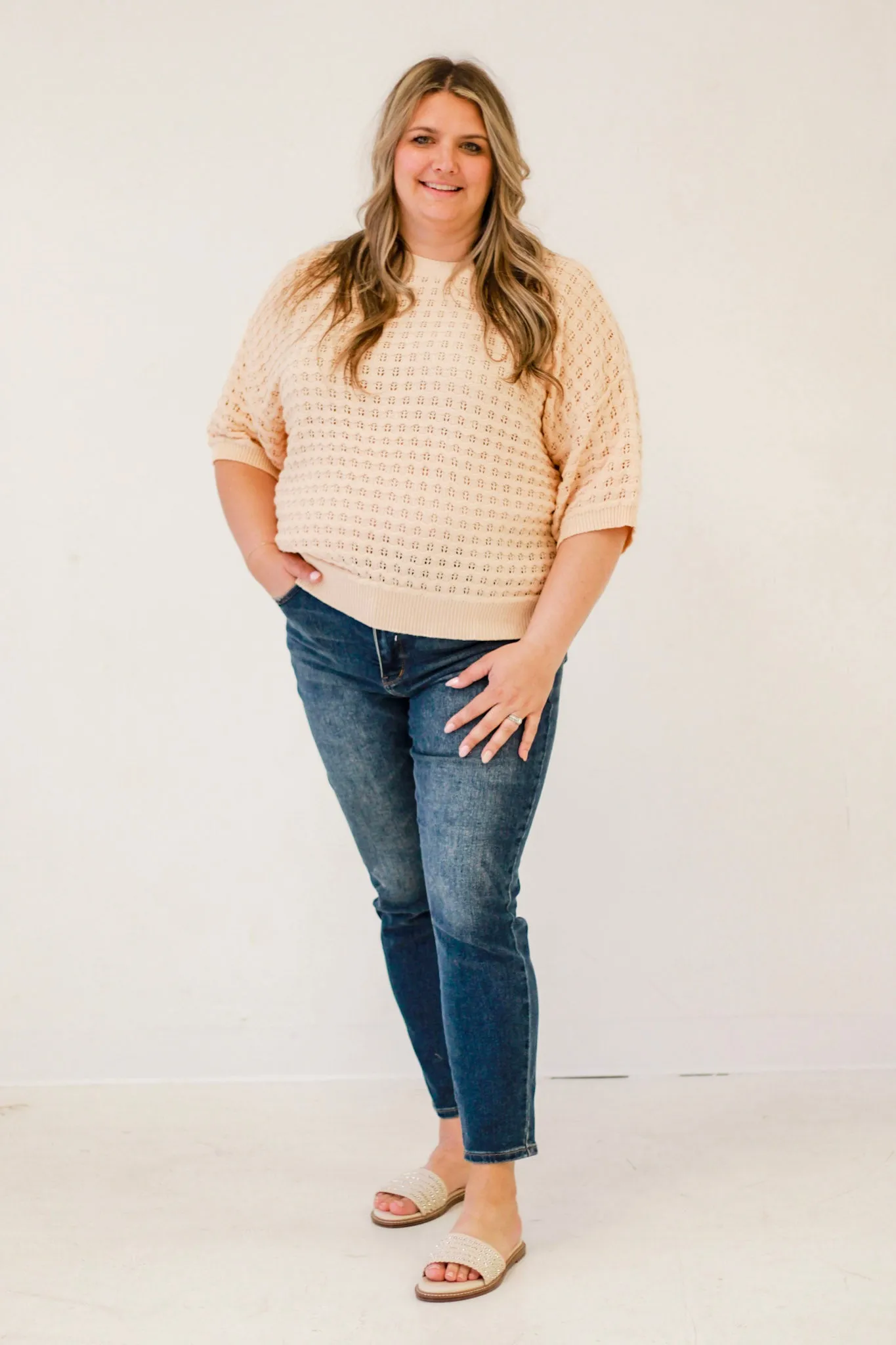 Summer Weave Short-Sleeve Crochet Sweater in Taupe