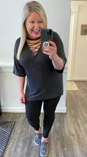 Super Soft Sweatshirt Top with Criss-Cross Neck Detail in Washed Black