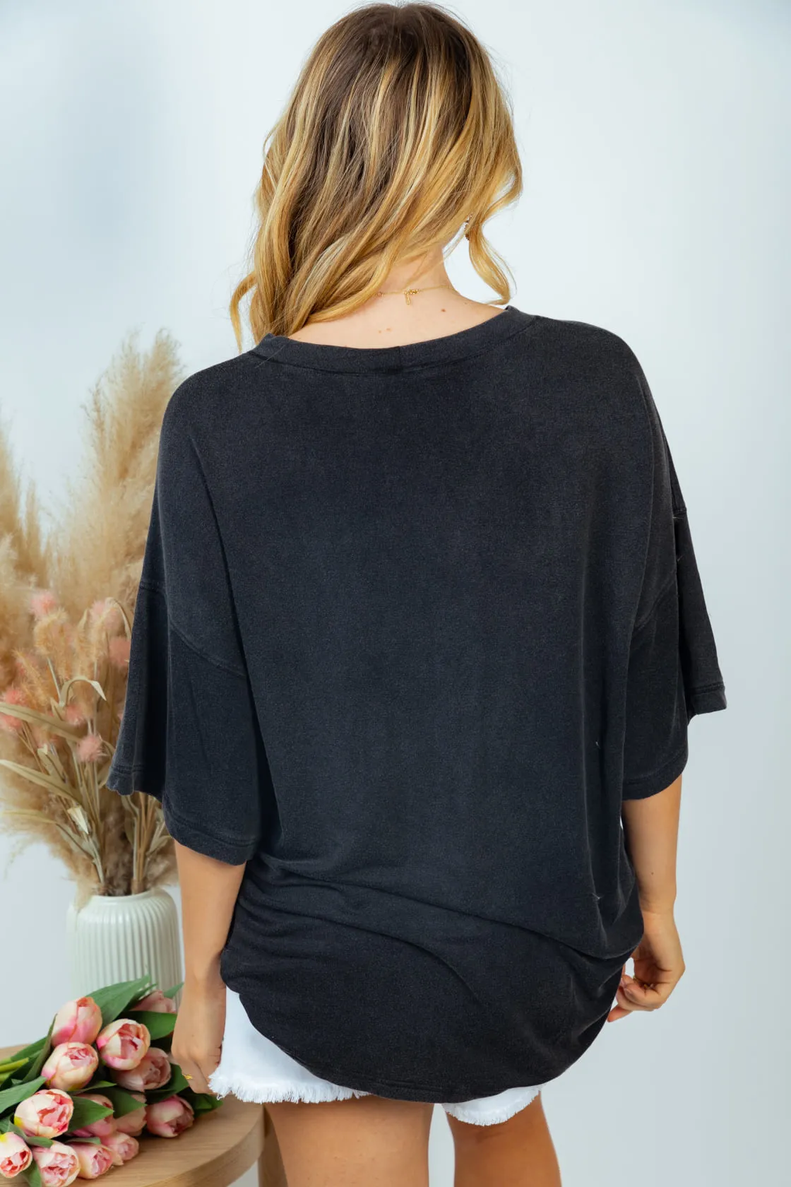 Super Soft Sweatshirt Top with Criss-Cross Neck Detail in Washed Black