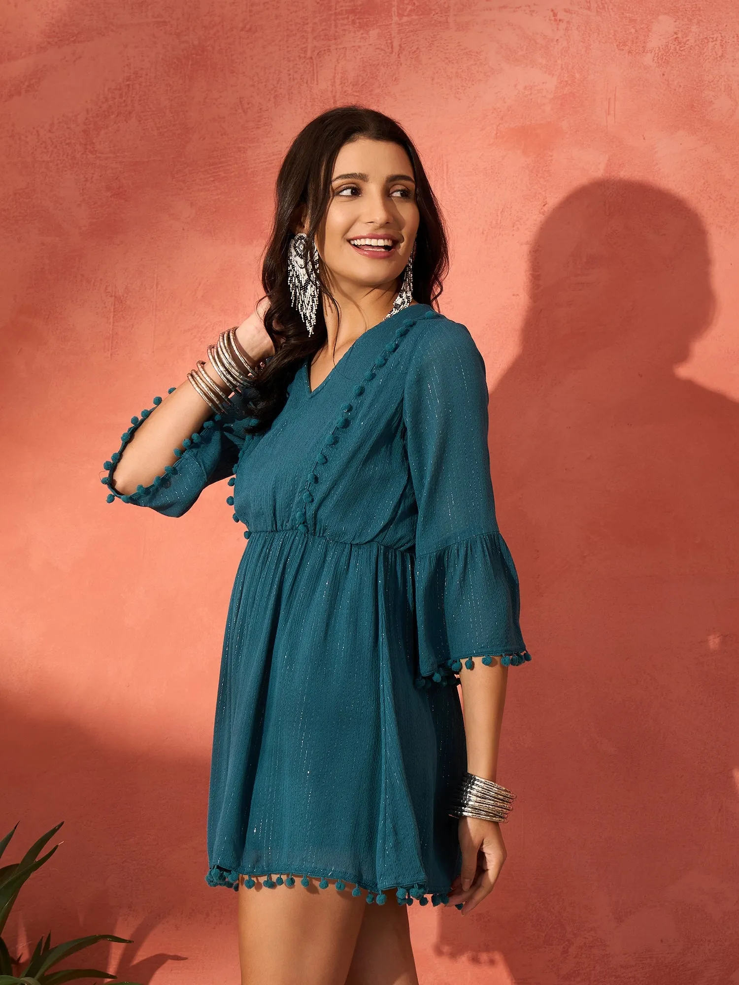 Teal Lurex Dress With Lace