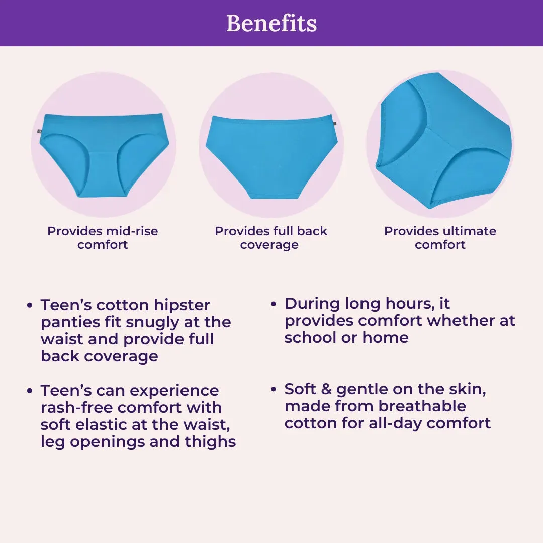 Teen Cotton Panties | Mid Waist | Full Hip Coverage | No Exposed Elastic At Waist & Thigh Round | Prevents Friction | Pack Of 6