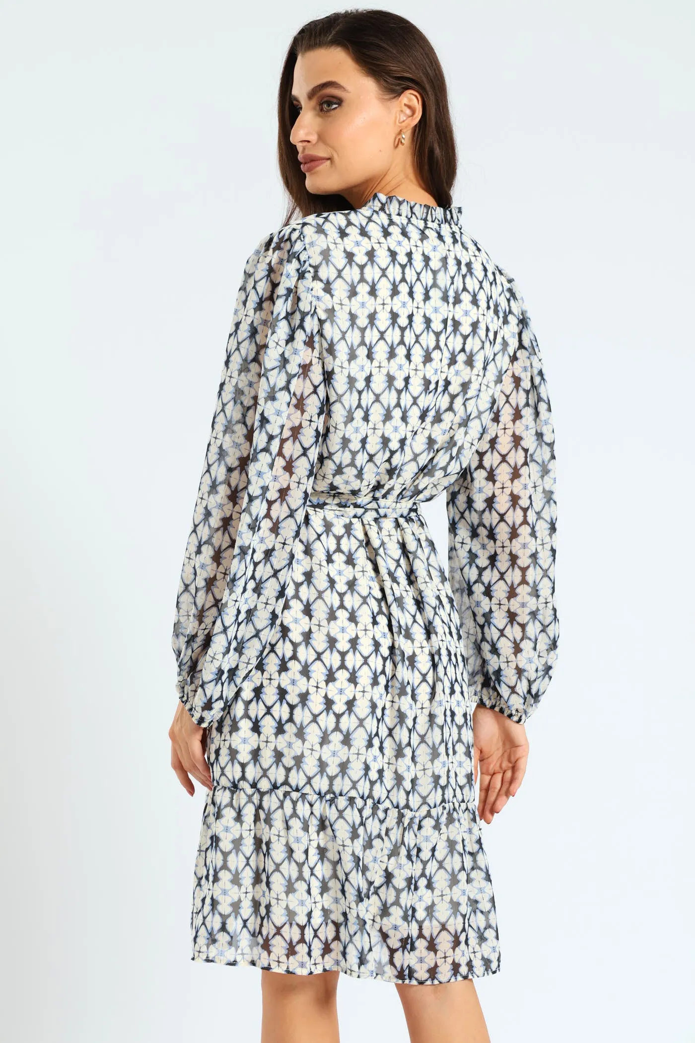 Tie Up Belted Peasant Tea Dress - White/Blue