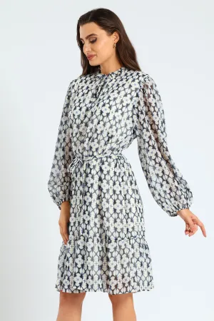 Tie Up Belted Peasant Tea Dress - White/Blue