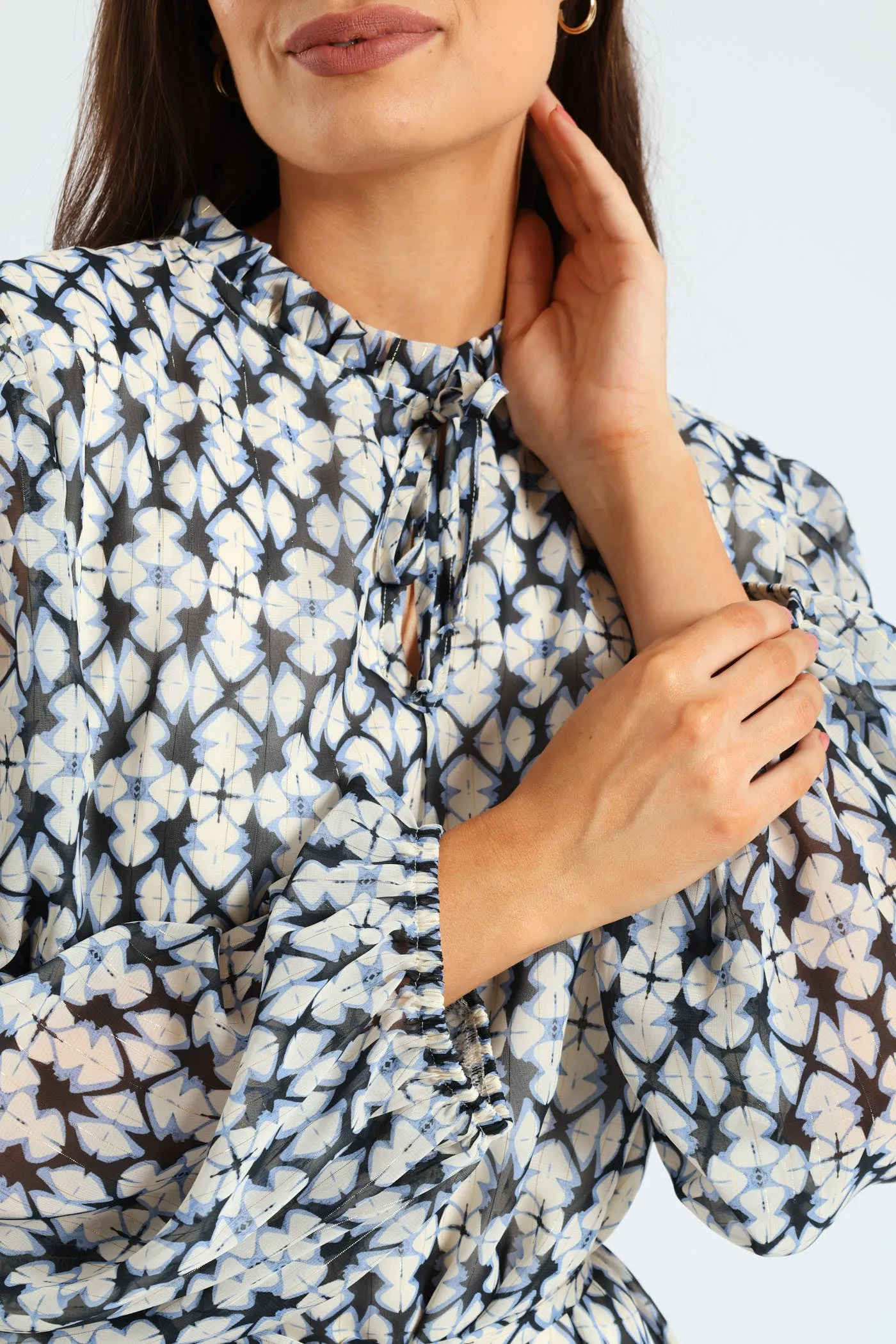 Tie Up Belted Peasant Tea Dress - White/Blue