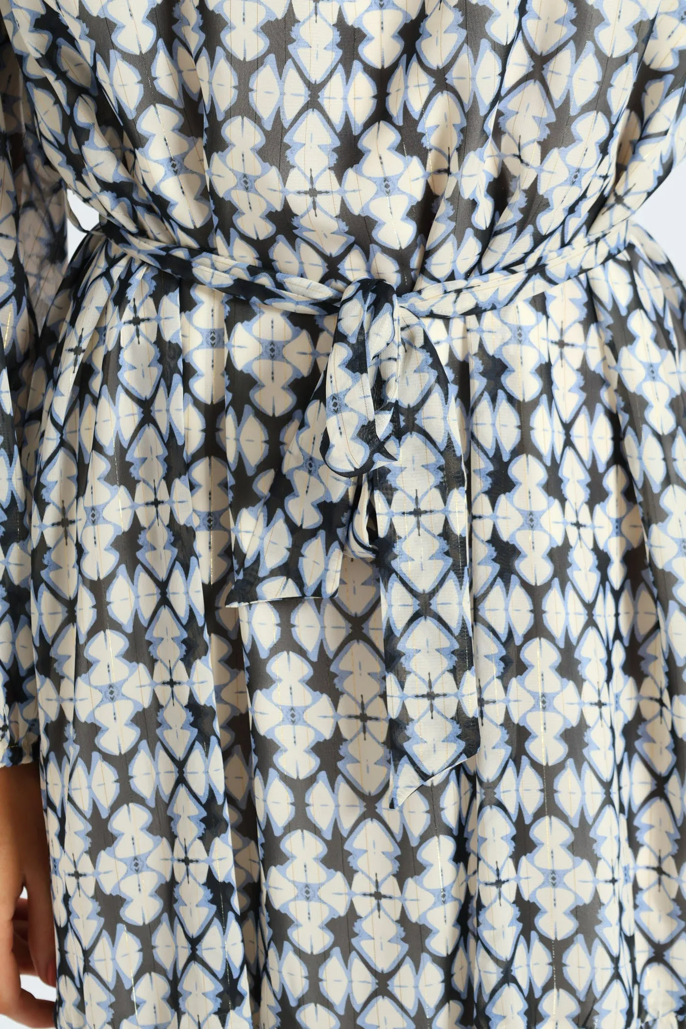 Tie Up Belted Peasant Tea Dress - White/Blue