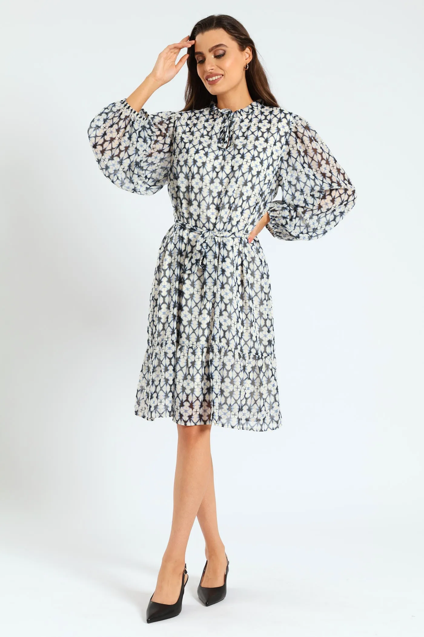 Tie Up Belted Peasant Tea Dress - White/Blue