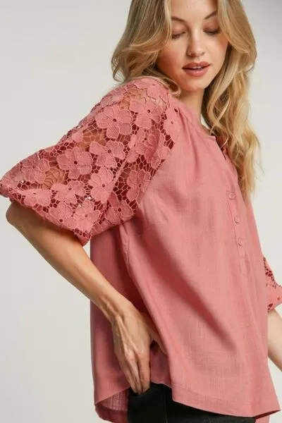 Umgee Full Size Lace Puff Sleeve Top Plus Size