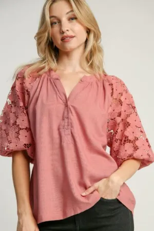 Umgee Full Size Lace Puff Sleeve Top Plus Size