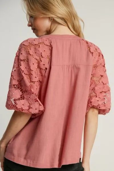 Umgee Full Size Lace Puff Sleeve Top Plus Size