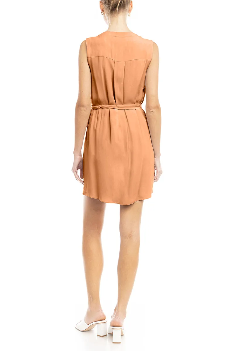 V-Neck Banded Dress With Waist Tie Belt