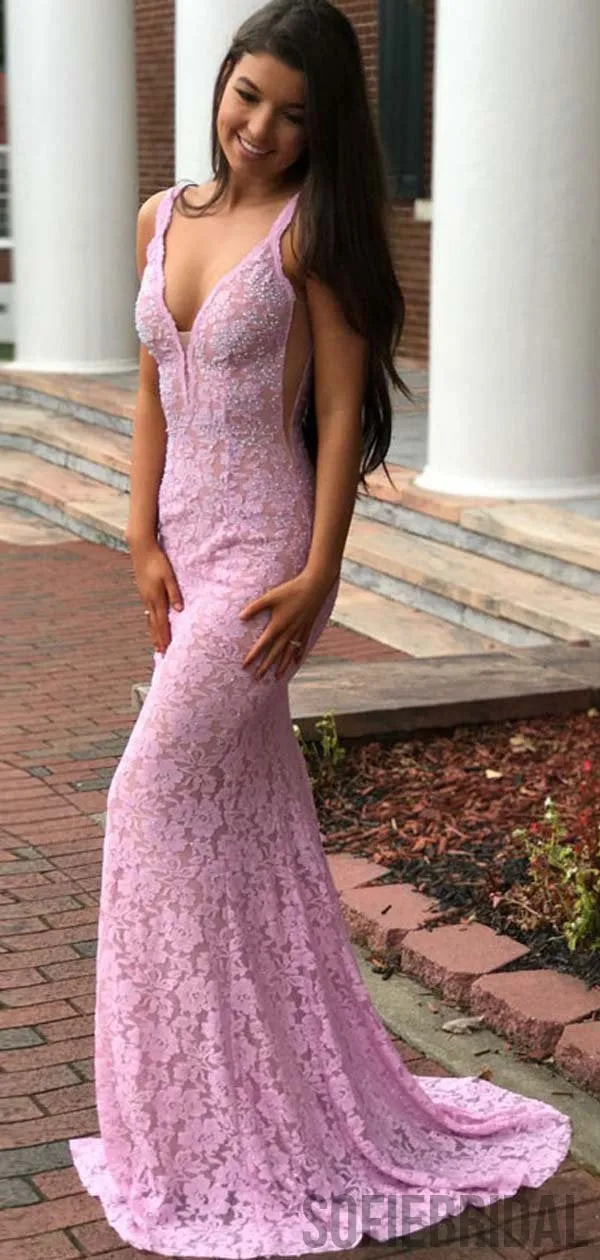 V-neck Lace Beaded Long Mermaid Prom Dresses, Cheap Prom Dresses, PD0772