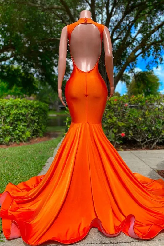 Vibrant Orange Prom Dress - V Neckline Sleeveless Mermaid Style with Appliques
