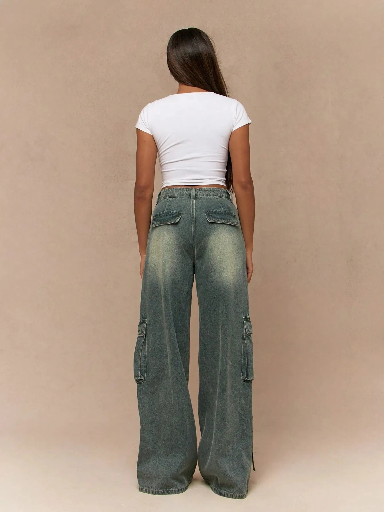 Vintage Washed Wide-Leg Cargo Jeans | Faded Denim for Effortless Style