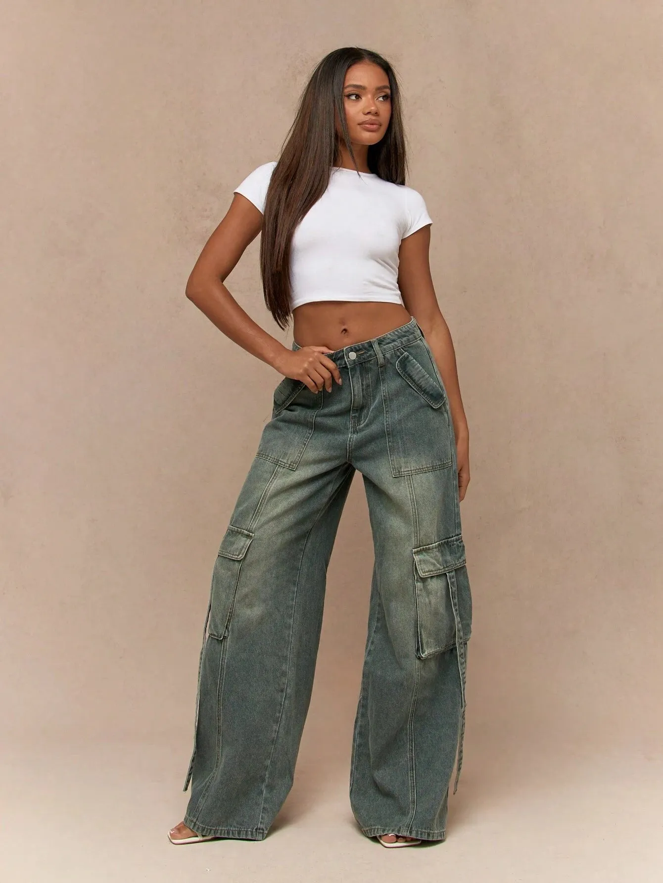 Vintage Washed Wide-Leg Cargo Jeans | Faded Denim for Effortless Style