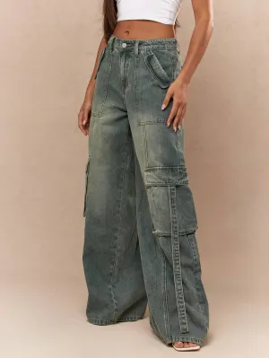 Vintage Washed Wide-Leg Cargo Jeans | Faded Denim for Effortless Style