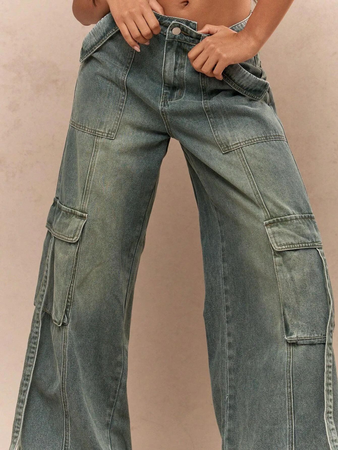 Vintage Washed Wide-Leg Cargo Jeans | Faded Denim for Effortless Style