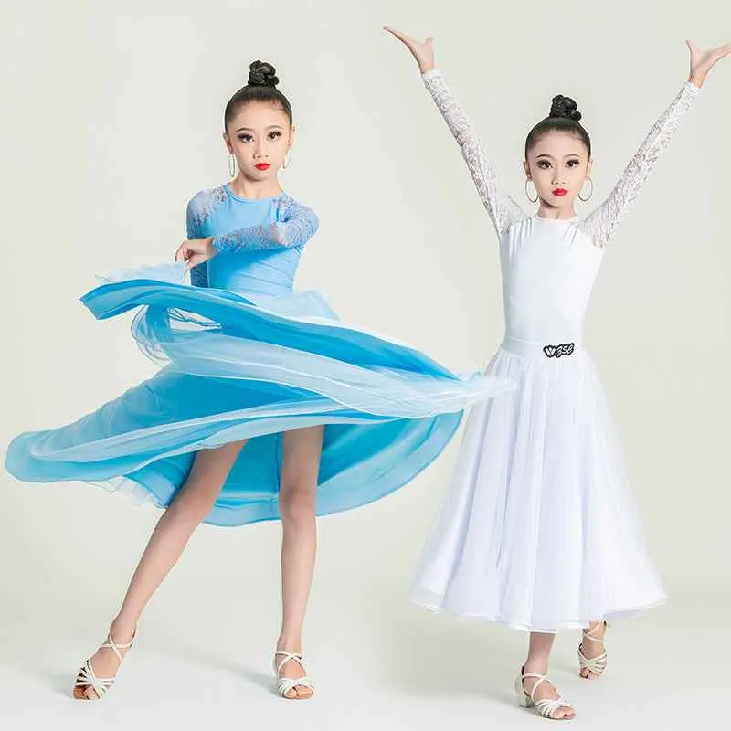 White Blue Lace Ballroom Dance Dresses for Girls Kids Waltz National Tango Dance Skirt Performance Regulations Clothes