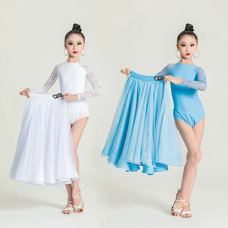 White Blue Lace Ballroom Dance Dresses for Girls Kids Waltz National Tango Dance Skirt Performance Regulations Clothes